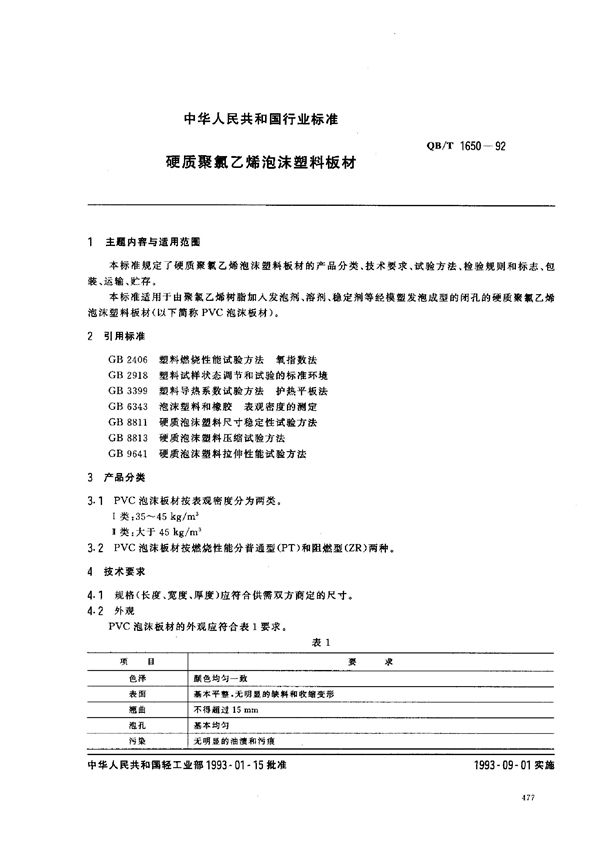 QB/T 1650-1992 硬质聚氯乙烯泡沫塑料板材