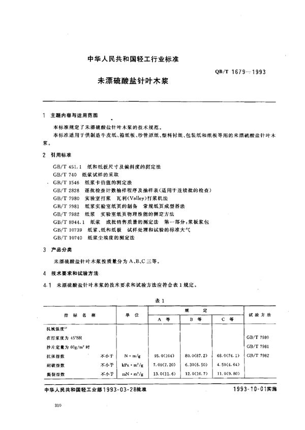 QB/T 1679-1993 未漂硫酸盐针叶木浆