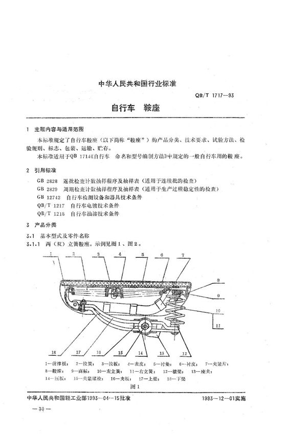 QB/T 1717-1993 自行车 鞍座