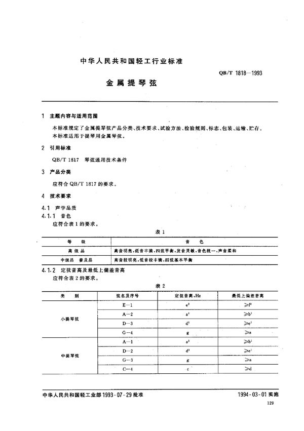 QB/T 1818-1993 金属提琴弦
