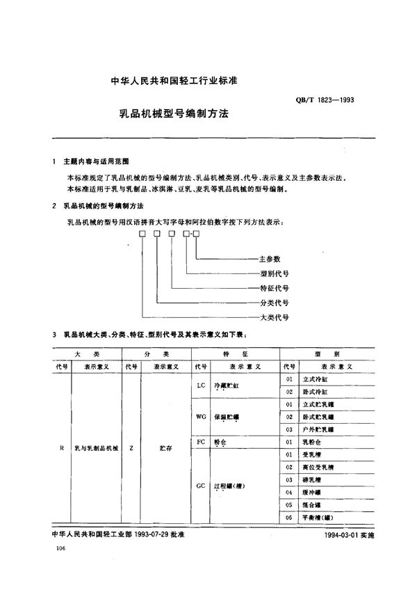 QB/T 1823-1993 乳品机械型号编制方法