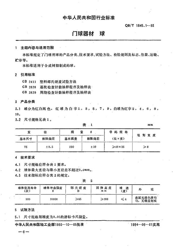 QB/T 1845.1-1993 门球器材 球