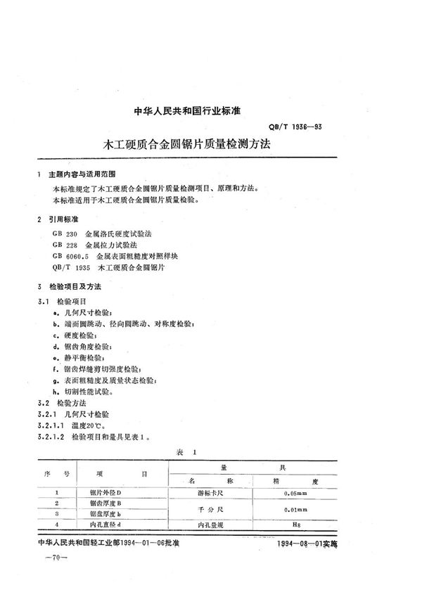 QB/T 1936-1993 木工梗质合金圆锯片质量检测方法