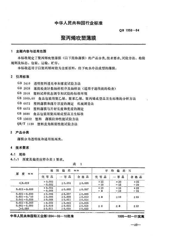 QB/T 1956-1994 聚丙烯吹塑薄膜