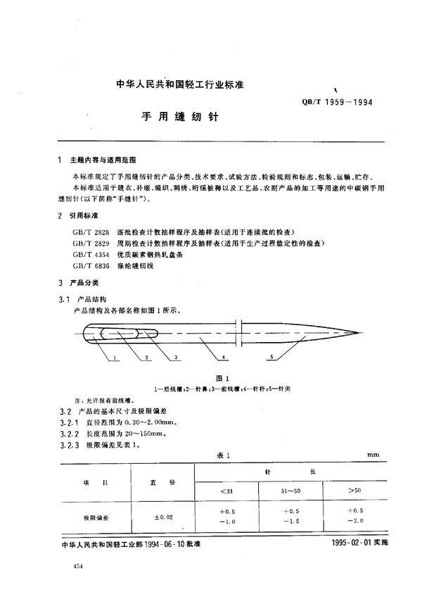 QB/T 1959-94  QB/T 1959-94 手用缝纫针