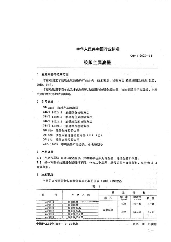 QB/T 2023-1994 胶版金属油墨