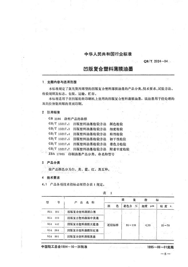 QB/T 2024-1994 凹版复合塑料薄膜油墨