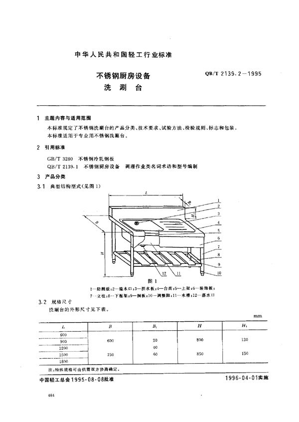 QB/T 2139.2-1995 不锈钢厨房设备 洗涮台