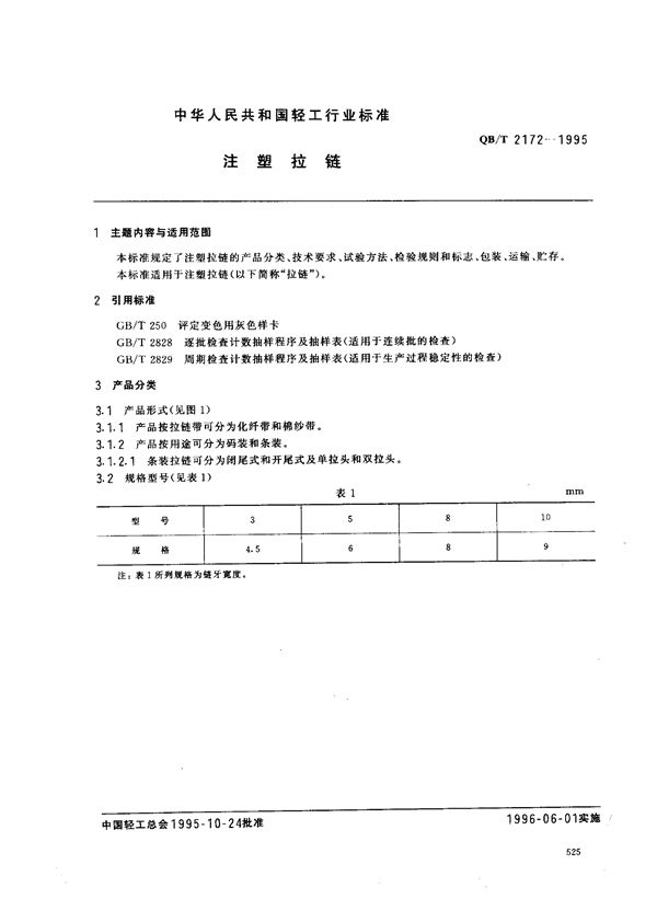 QB/T 2172-1995 注塑拉链