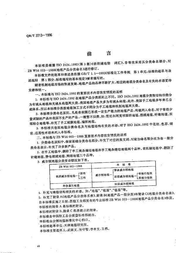 QB/T 2213-1996 地毯分类命名