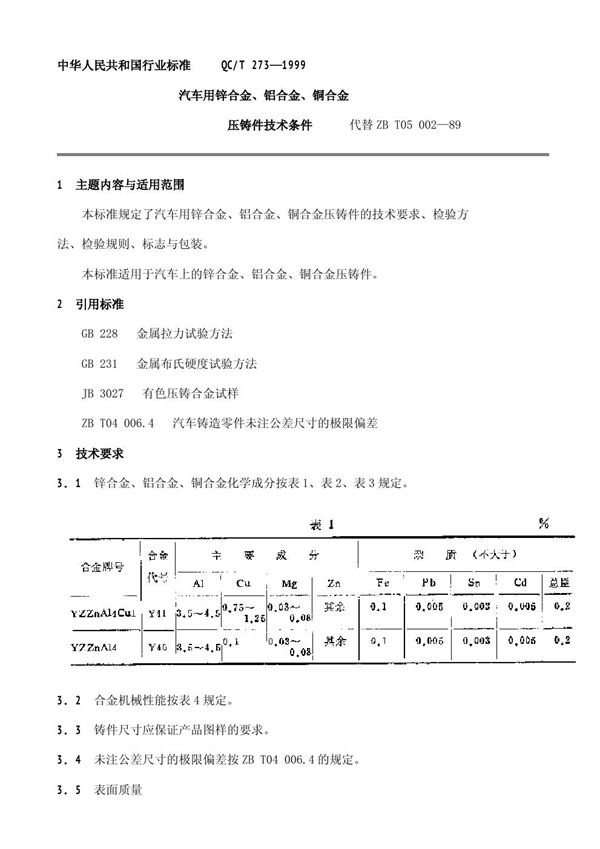 QC/T 273-1999 汽车用锌合金、铝合金、铜合金压铸件技术条件