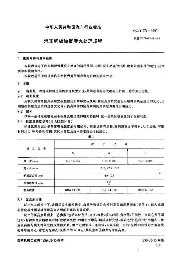 QC/T 274-1999 汽车钢板弹簧喷丸处理规程