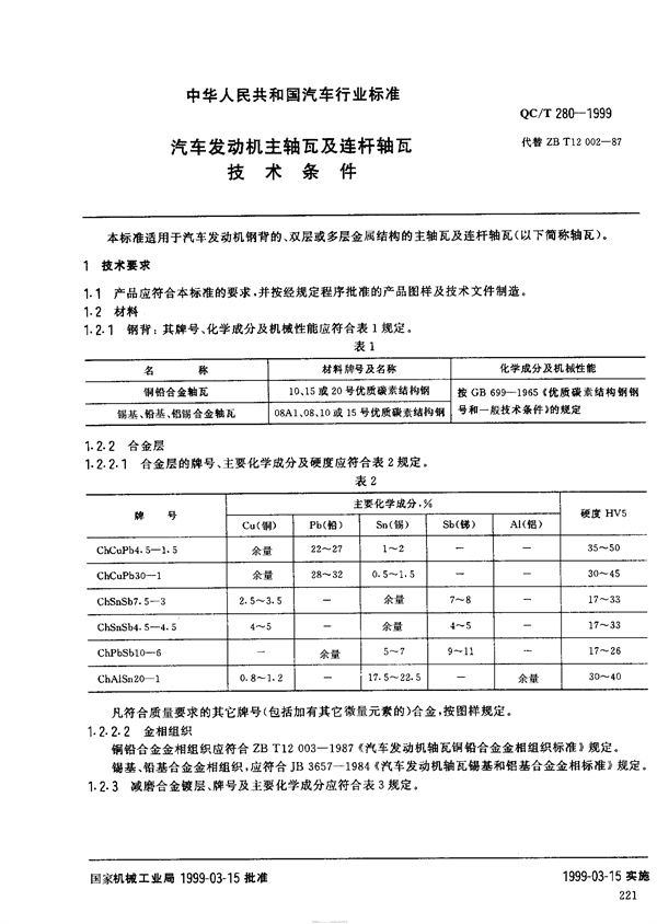 QC/T 280-1999 汽车发动机主轴瓦及连杆轴瓦技术条件