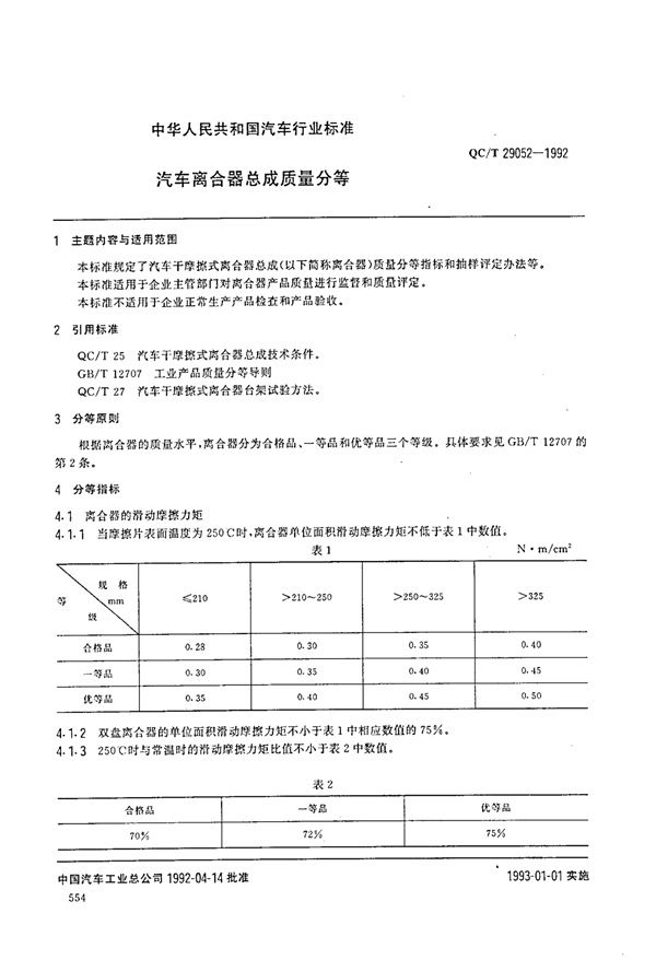 QC/T 29052-1992 汽车离合器总成质量分等