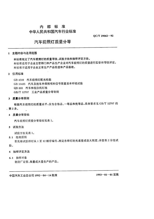 QC/T 29062-1992 汽车前照灯质量分等