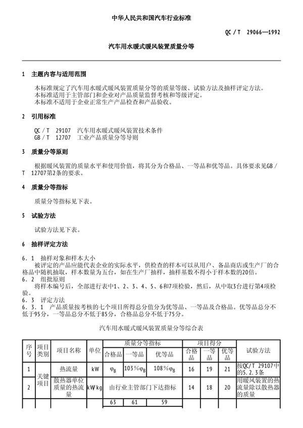 QC/T 29066-1992 汽车用水暖式暖风装置质量分等