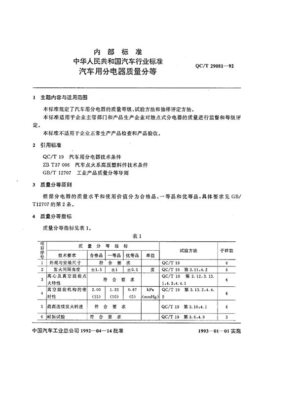 QC/T 29081-1992 汽车用分电器质量分等