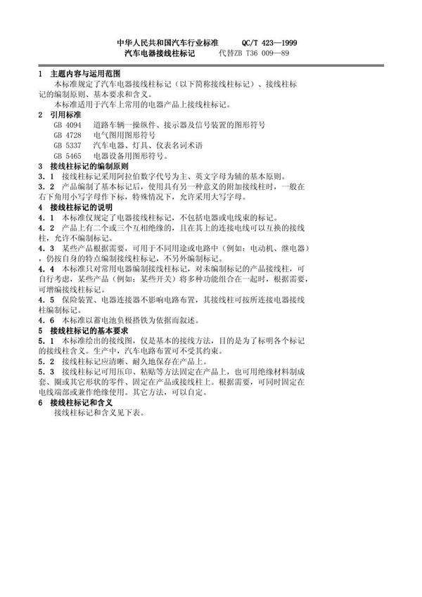 QC/T 423-1999 汽车电器接线柱标记