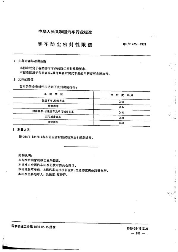 QC/T 475-1999 客车防尘密封性限值