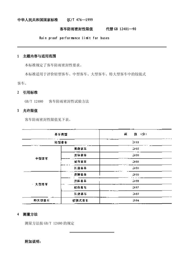 QC/T 476-1999 QC/T 476—1999 客车防雨密封性限值