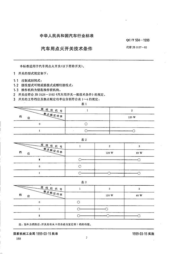 QC/T 504-1999 汽车用点火开关技术条件