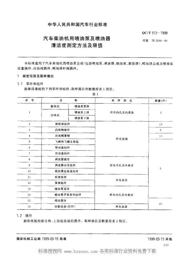 QC/T 512-1999 汽车柴油机用喷油泵及喷油器清洁度测定方法及限值