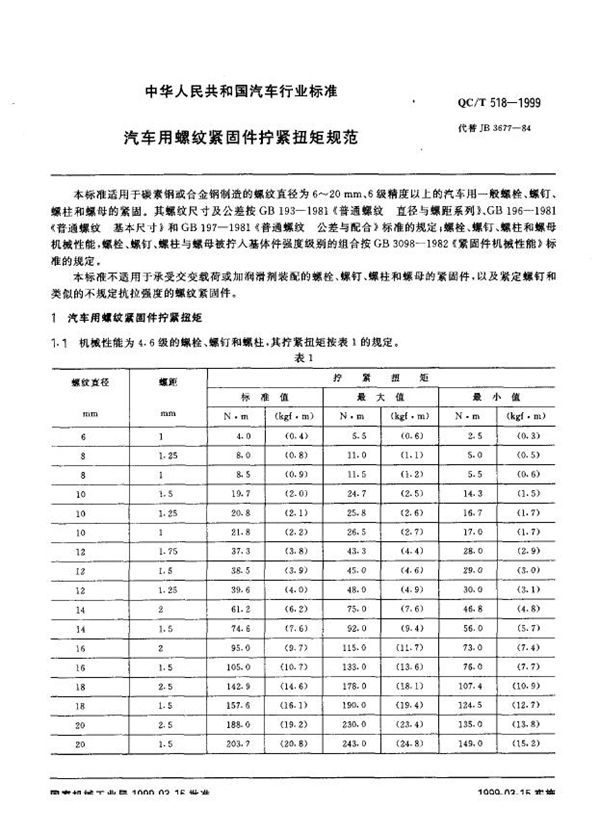 QC/T 518-1999 汽车用螺纹紧固件紧固扭矩