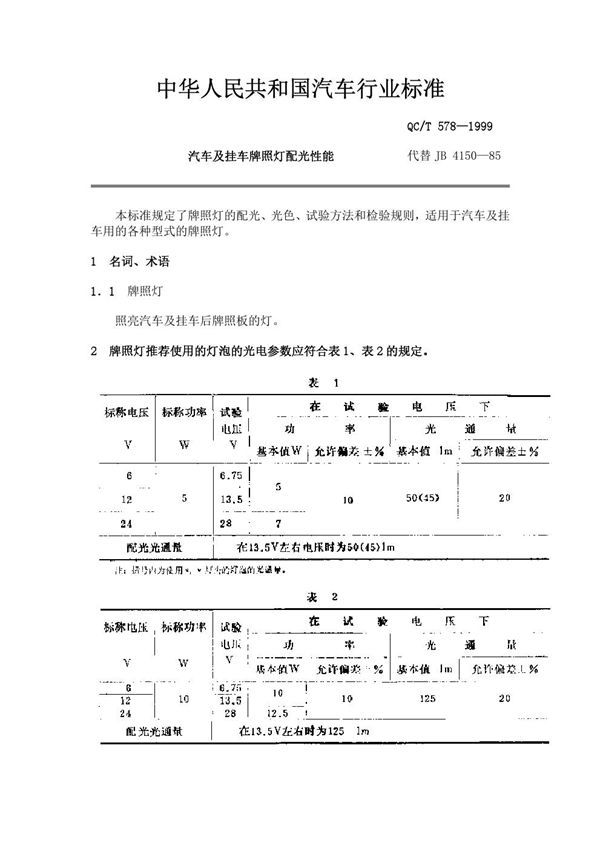 QC/T 578-1999 汽车及挂车 牌照灯配光性能