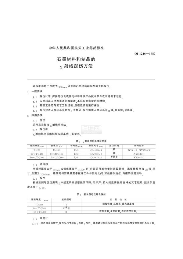 QJ 1246-1987 石墨材料和制品的X射线照相检验方法