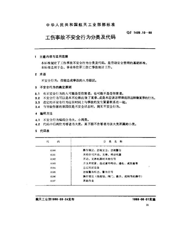 QJ 1420.10-1988 工伤事故分类及代码 工伤事故不安全行为分类及代码