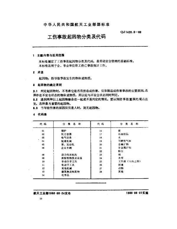 QJ 1420.5-1988 工伤事故分类及代码 工伤事故起因物分类及代码