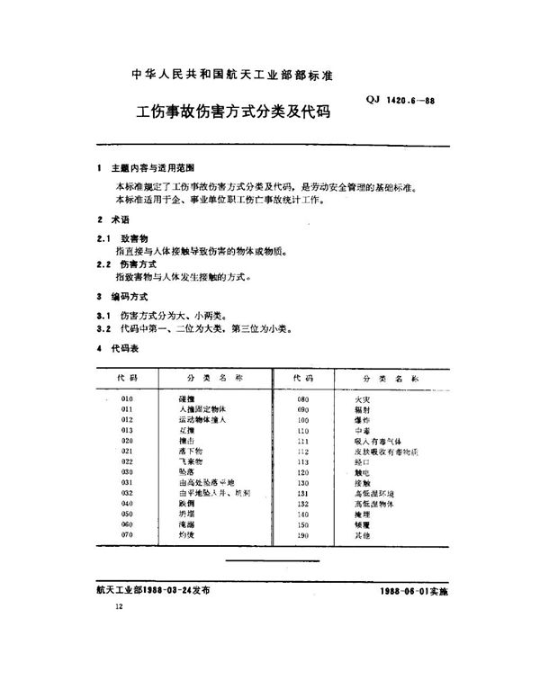 QJ 1420.6-1988 工伤事故分类及代码 工伤事故伤害方式分类及代码