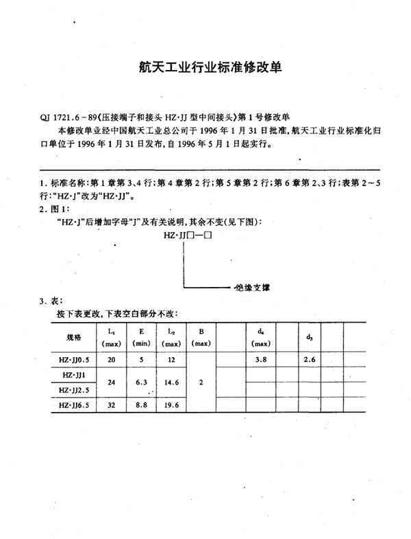 QJ 1721.6-1989-X 压接端子和接头HZ·JJ型中间接头》 第1号修改单