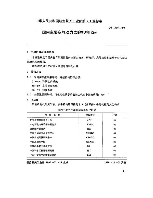 QJ 1916.1-1990 空气动力数据库数据元 国内主要空气动力试验机构代码