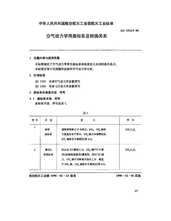 QJ 1916.9-1990 空气动力数据库数据元 空气动力学用坐标系及转换关系