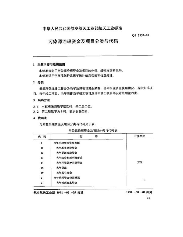 QJ 2133-1991 污染源治理资金及项目分类与代码