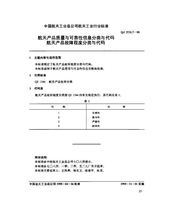 QJ 2731.7-1995 航天产品质量与可靠性信息分类与代码 航天产品故障程度