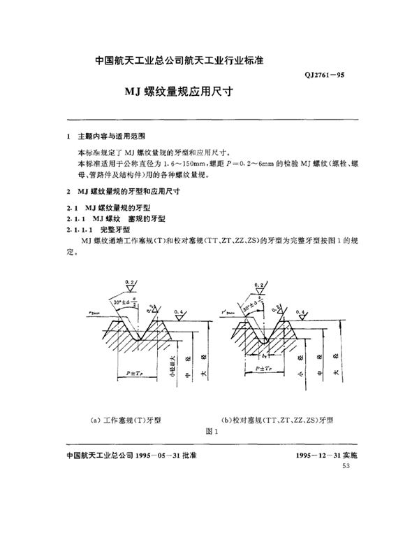 QJ 2761-1995 MJ螺纹量规应用尺寸