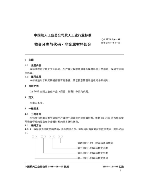 QJ 2774.2A-1998 物资分类与代码 非金属材料部分：