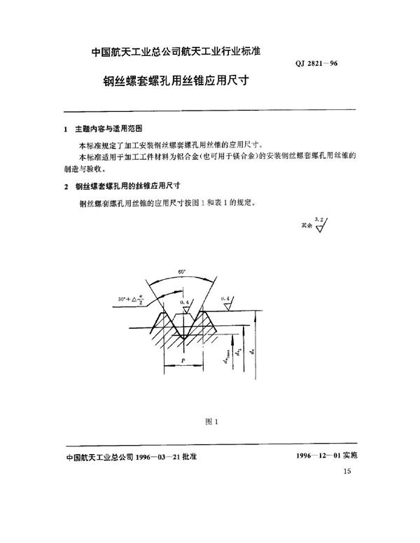 QJ 2821-1996 钢丝螺套螺孔用丝锥应用尺寸