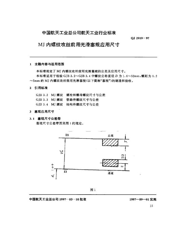 QJ 2919-1997 MJ内螺纹攻丝前用光滑塞规应用尺寸