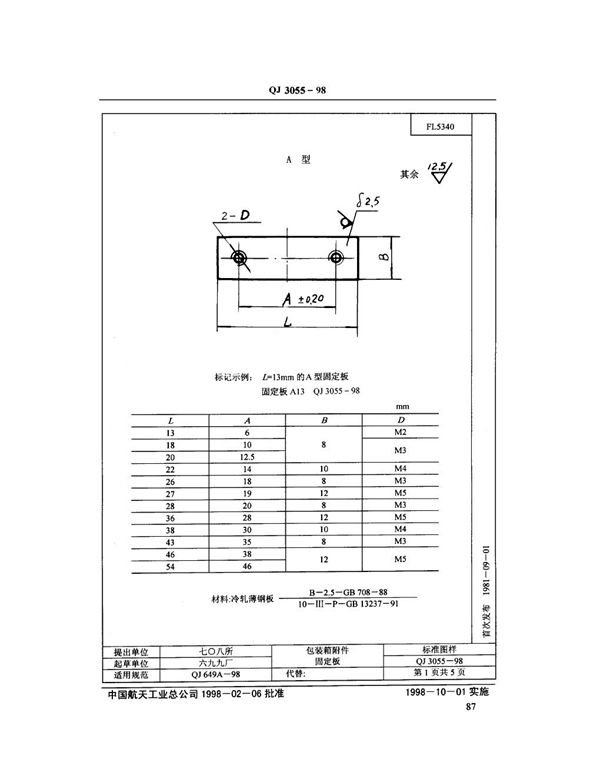 QJ 3055-1998 包装箱附件固定板