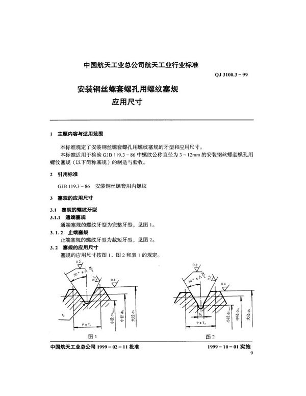 QJ 3100.3-1999 安装钢丝螺套螺孔用螺纹塞规 应用尺寸