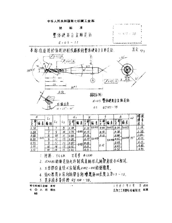 QJ 327-1978 整体硬质合金麻花钻(d=0.5～1.1)