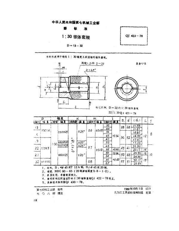 QJ 423-1978 1：30锥体套规(d=13～32)