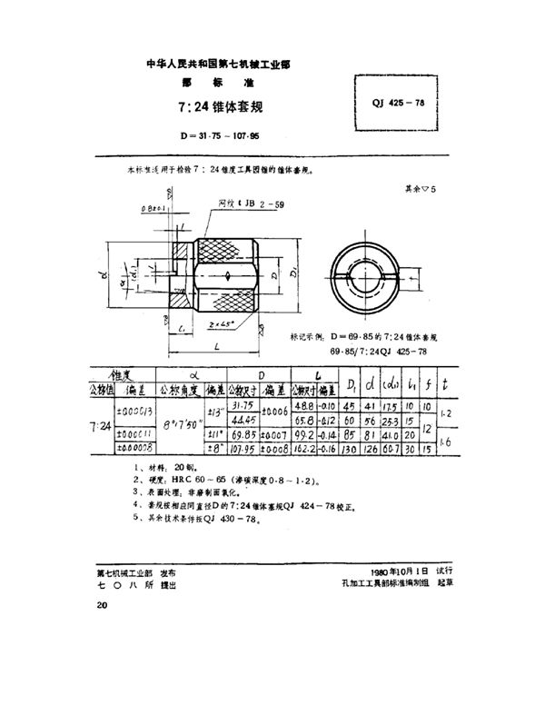 QJ 425-1978 7：24锥体套规(d=31.75～107.95)