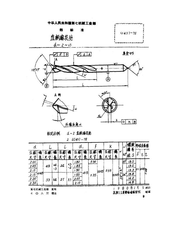 QJ 437-1978 直柄麻花钻 d=2~13