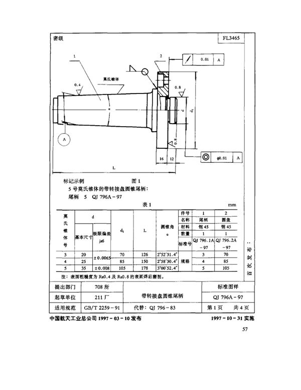 QJ 796A-1997 机床夹具零件及部件 带转接盘圆锥尾柄