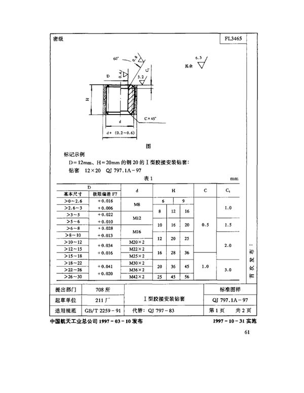 QJ 797.1A-1997 机床夹具零件及部件 Ⅰ型胶接安装钻套