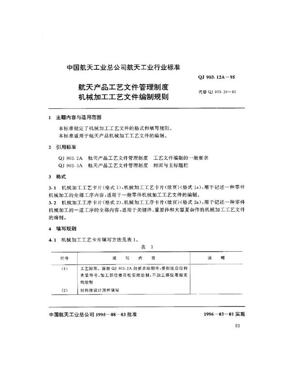 QJ 903.12A-1995 航天产品工艺文件管理制度 机械加工工艺文件编制规则